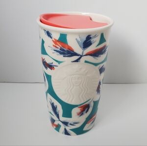 Starbucks 2016 Teal and Coral Floral Ceramic Tumbler Lidded Travel Mug Hot Cold